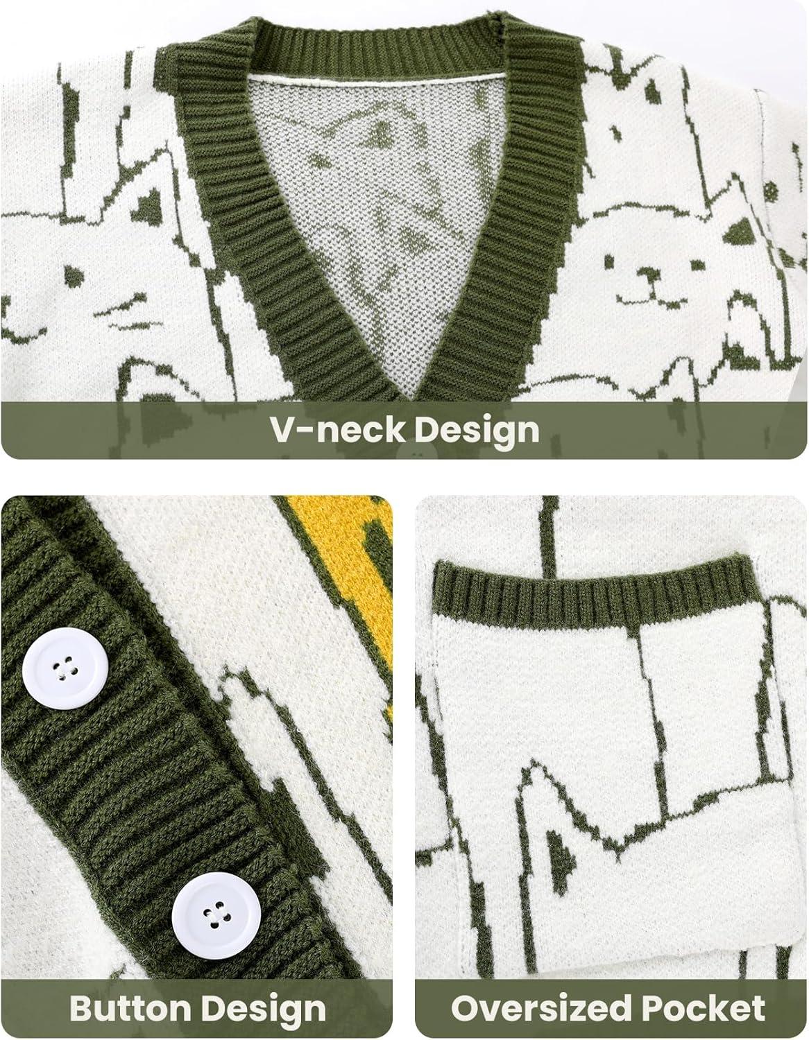 imageArssm Cat Sweater for Women Oversized Button Down V Neck Knit Cardigan Cute Kawaii Cartoon Print Sweater Fall ClothesArmygreen