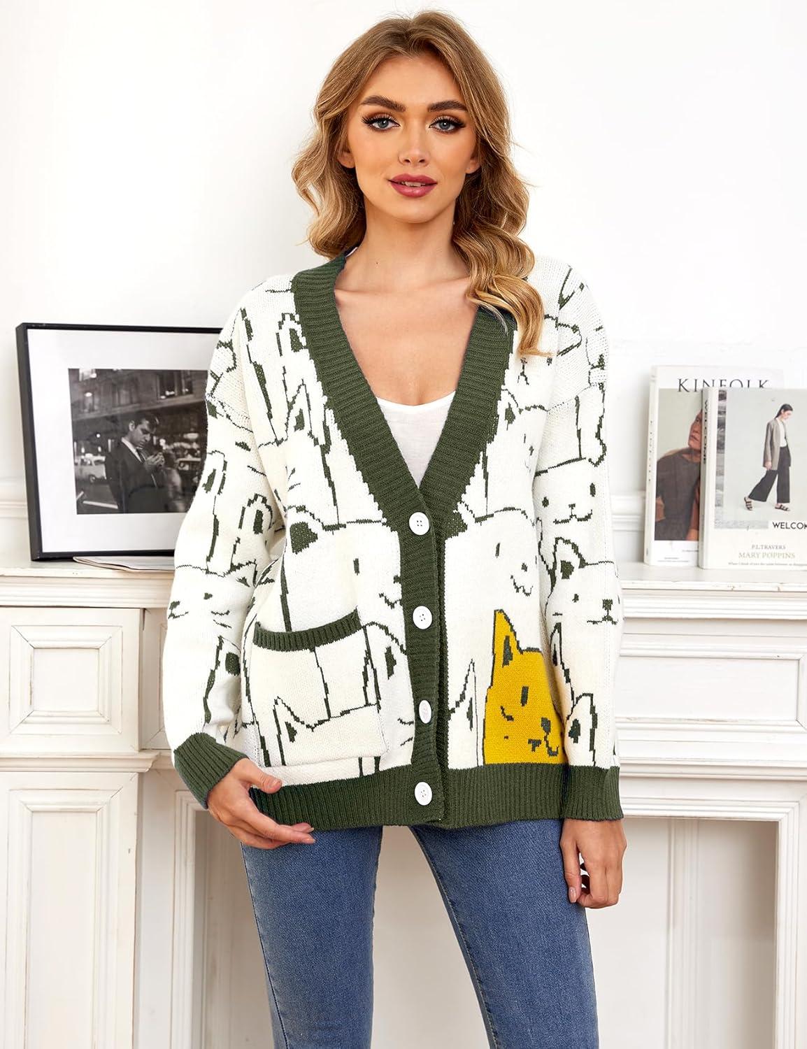imageArssm Cat Sweater for Women Oversized Button Down V Neck Knit Cardigan Cute Kawaii Cartoon Print Sweater Fall ClothesArmygreen