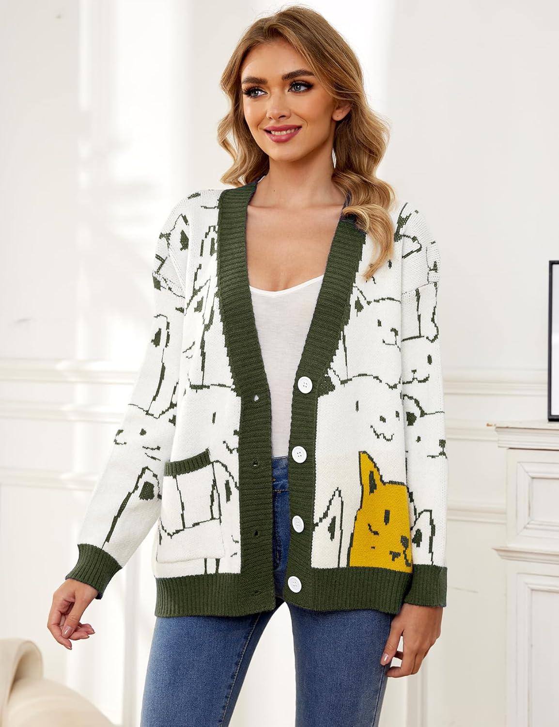 imageArssm Cat Sweater for Women Oversized Button Down V Neck Knit Cardigan Cute Kawaii Cartoon Print Sweater Fall ClothesArmygreen