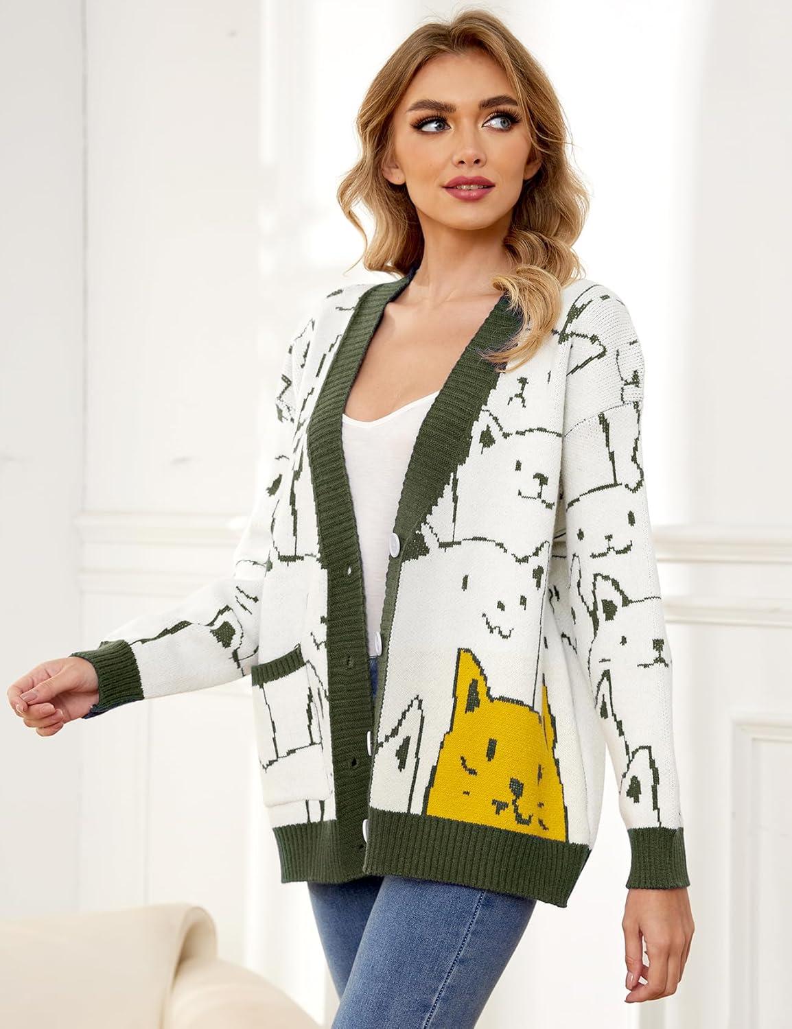imageArssm Cat Sweater for Women Oversized Button Down V Neck Knit Cardigan Cute Kawaii Cartoon Print Sweater Fall ClothesArmygreen