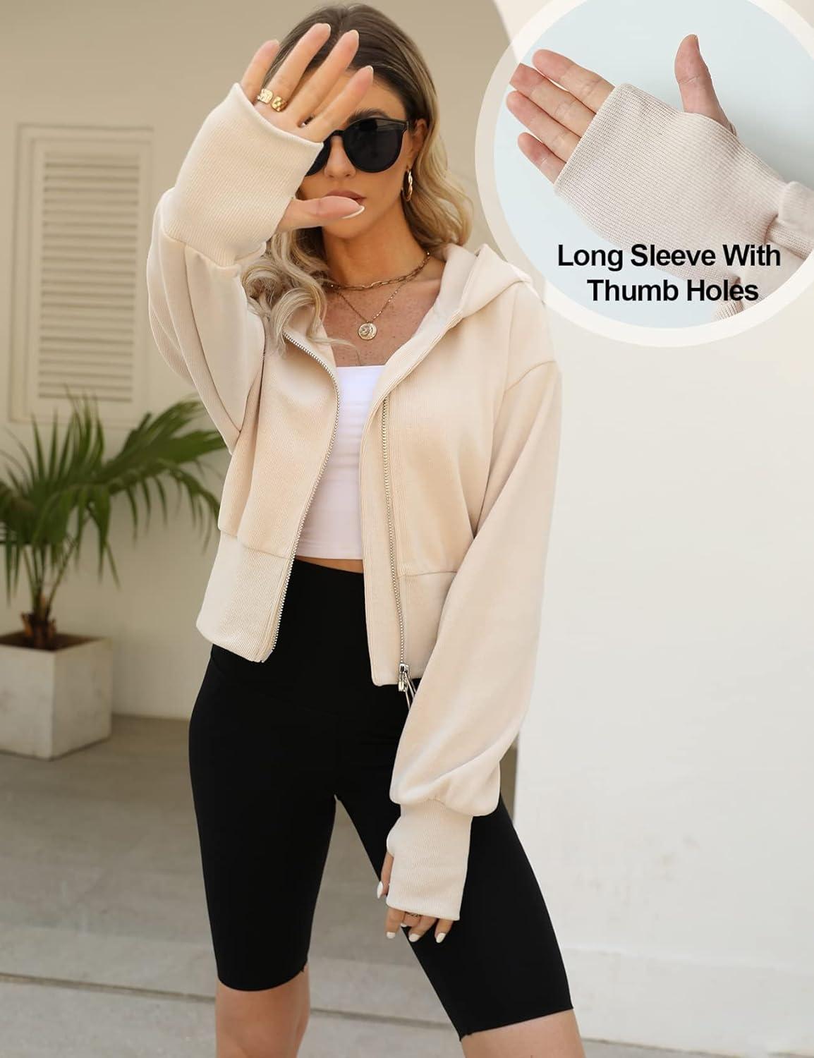 imageArssm Cropped Hoodie Women Zip Up Long Sleeve Sweatshirts Casual Fashion Hooded Workout Jacket Crop TopBeige