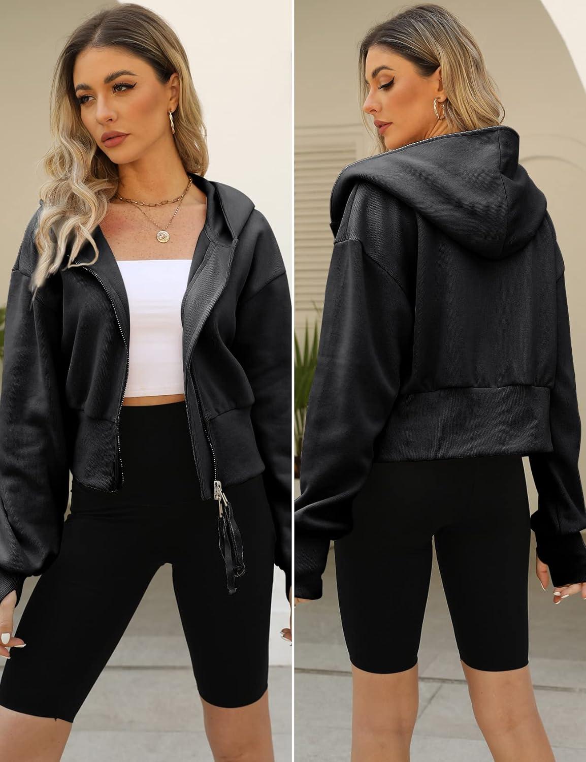imageArssm Cropped Hoodie Women Zip Up Long Sleeve Sweatshirts Casual Fashion Hooded Workout Jacket Crop TopBlack