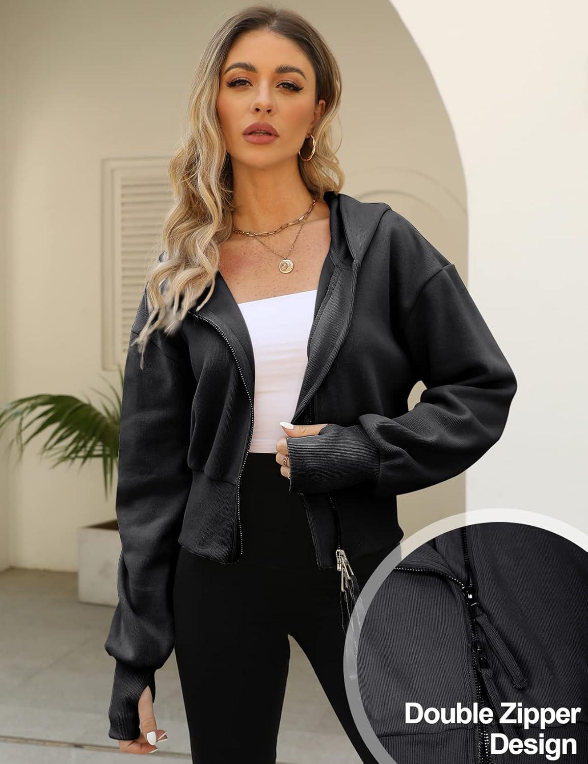 imageArssm Cropped Hoodie Women Zip Up Long Sleeve Sweatshirts Casual Fashion Hooded Workout Jacket Crop TopBlack