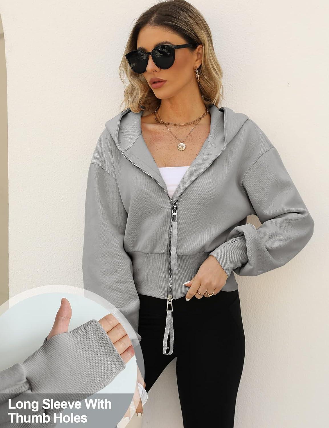imageArssm Cropped Hoodie Women Zip Up Long Sleeve Sweatshirts Casual Fashion Hooded Workout Jacket Crop TopGrey