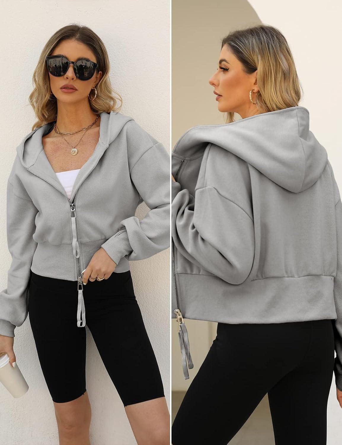 imageArssm Cropped Hoodie Women Zip Up Long Sleeve Sweatshirts Casual Fashion Hooded Workout Jacket Crop TopGrey