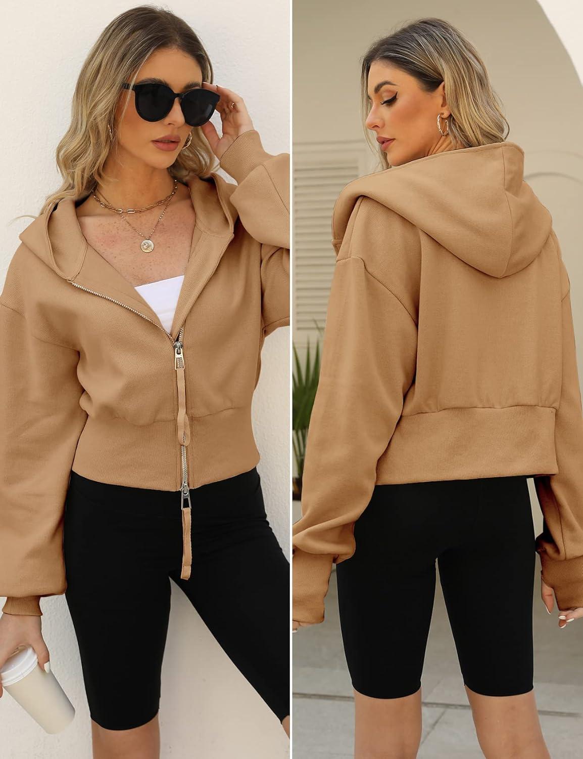 imageArssm Cropped Hoodie Women Zip Up Long Sleeve Sweatshirts Casual Fashion Hooded Workout Jacket Crop TopKhaki