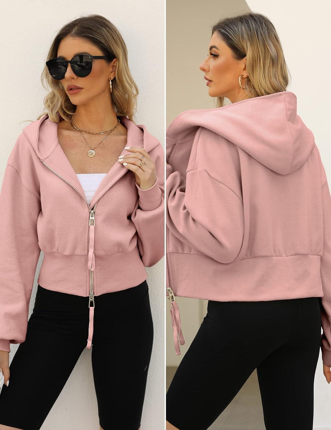 imageArssm Cropped Hoodie Women Zip Up Long Sleeve Sweatshirts Casual Fashion Hooded Workout Jacket Crop TopPink