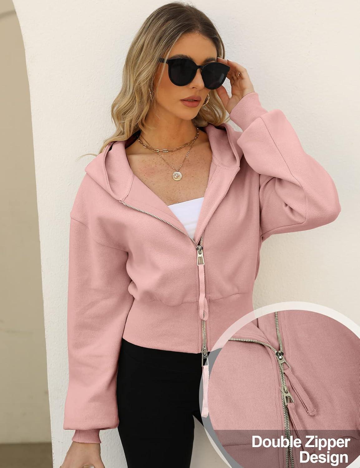 imageArssm Cropped Hoodie Women Zip Up Long Sleeve Sweatshirts Casual Fashion Hooded Workout Jacket Crop TopPink