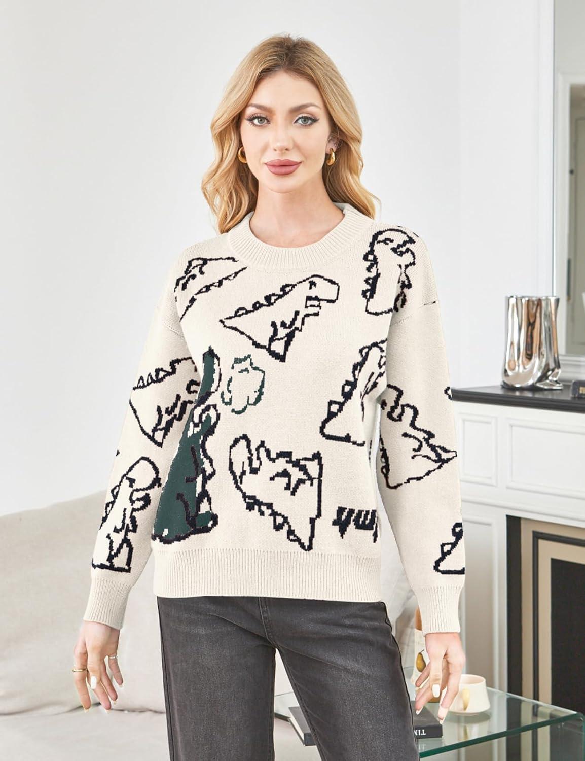 imageArssm Dinosaur Sweater Women y2k Vintage Oversized Graphic Streetwear Knit Sweater Casual Cute Kawaii TopsBeige