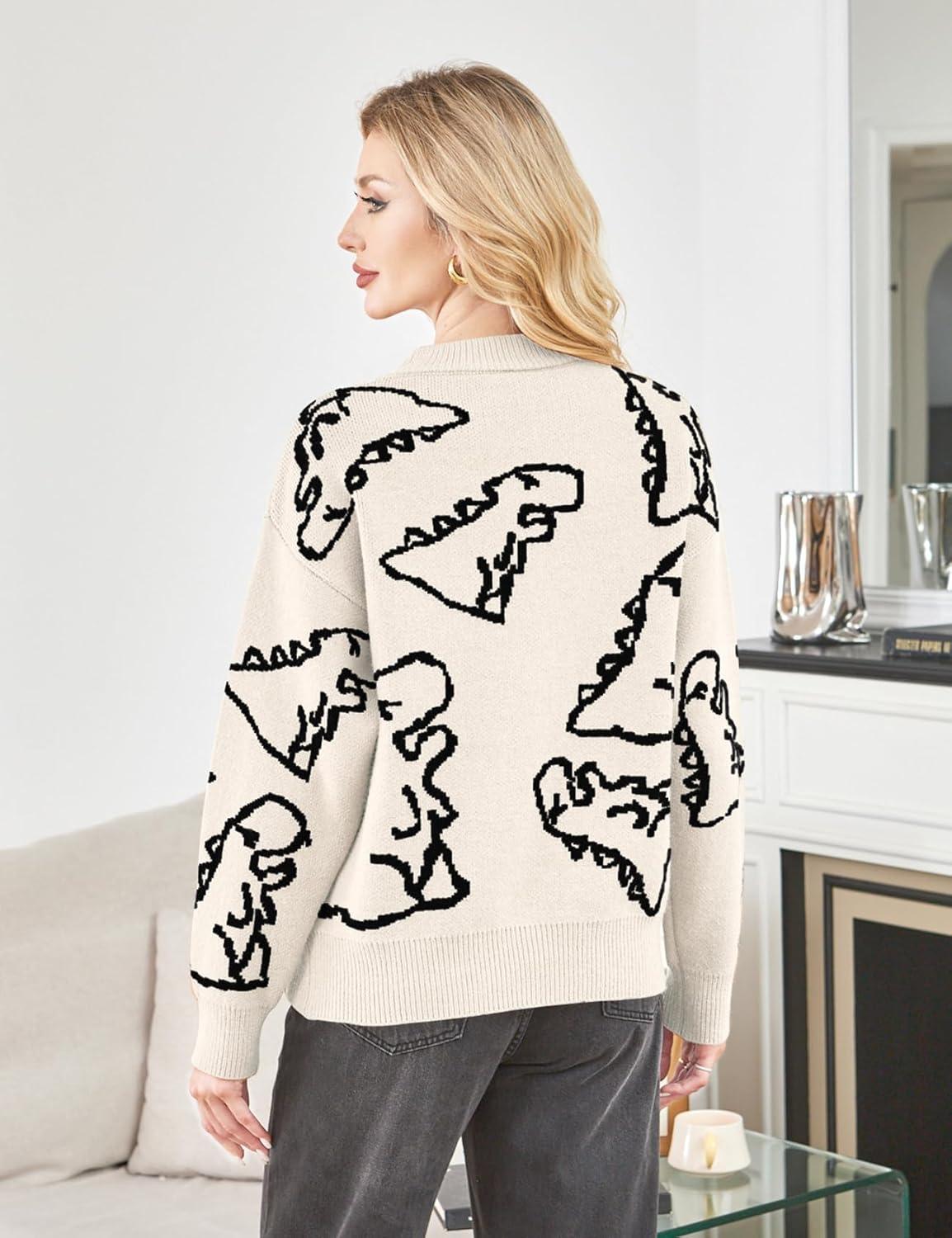 imageArssm Dinosaur Sweater Women y2k Vintage Oversized Graphic Streetwear Knit Sweater Casual Cute Kawaii TopsBeige