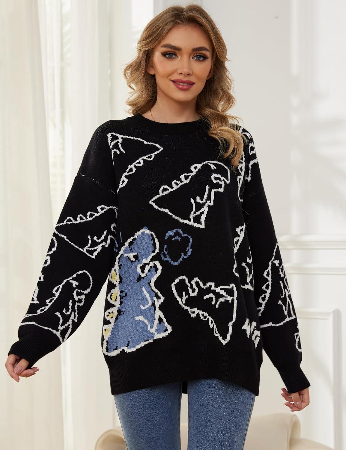 imageArssm Dinosaur Sweater Women y2k Vintage Oversized Graphic Streetwear Knit Sweater Casual Cute Kawaii TopsBlack