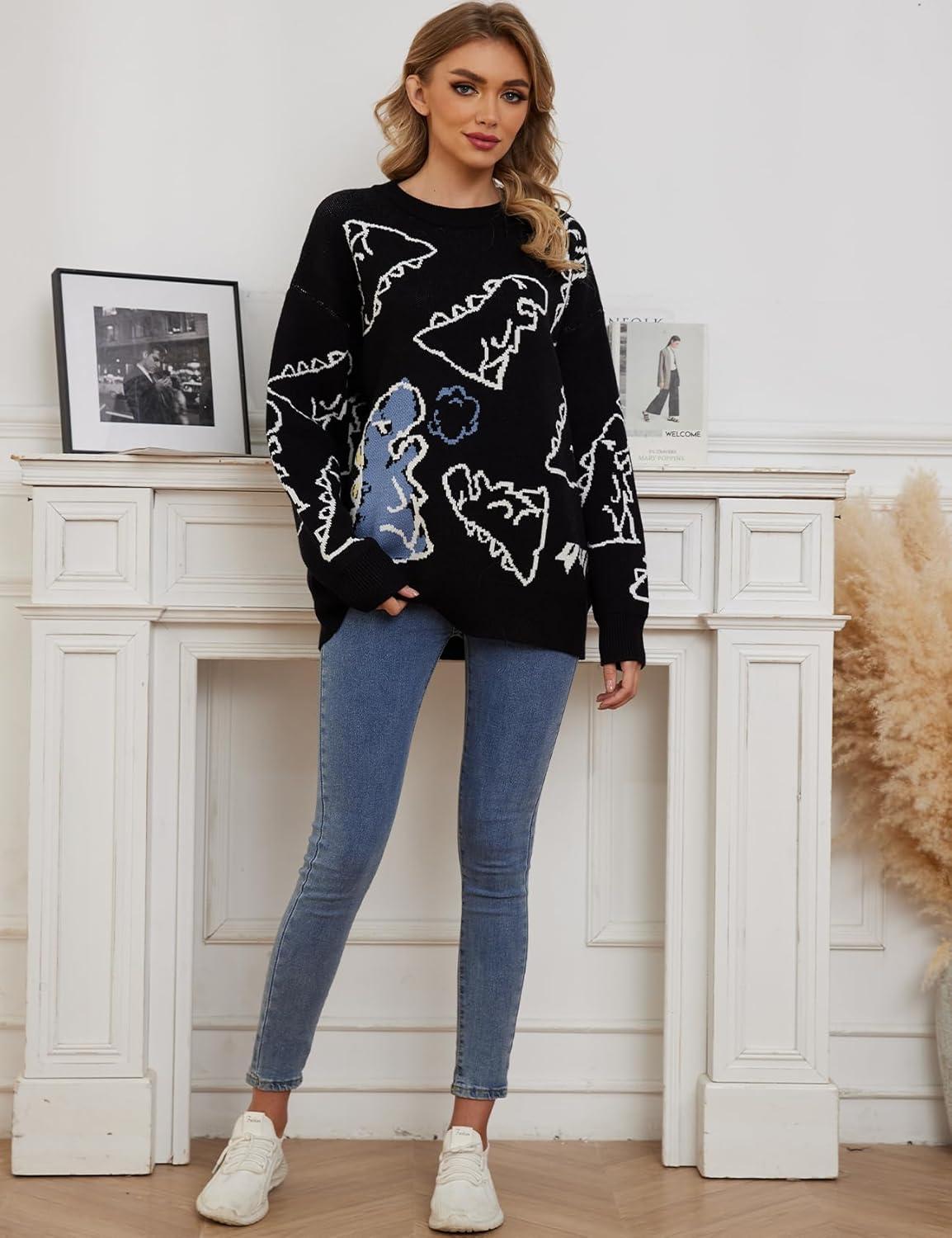 imageArssm Dinosaur Sweater Women y2k Vintage Oversized Graphic Streetwear Knit Sweater Casual Cute Kawaii TopsBlack