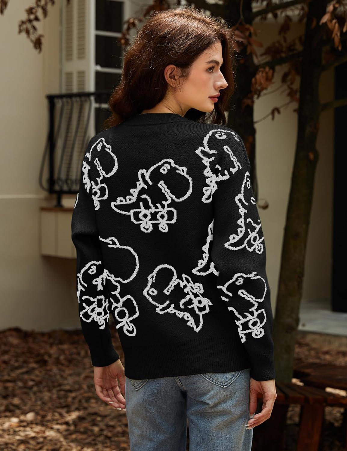 imageArssm Dinosaur Sweater Women y2k Vintage Oversized Graphic Streetwear Knit Sweater Casual Cute Kawaii TopsBlack Dinosaur