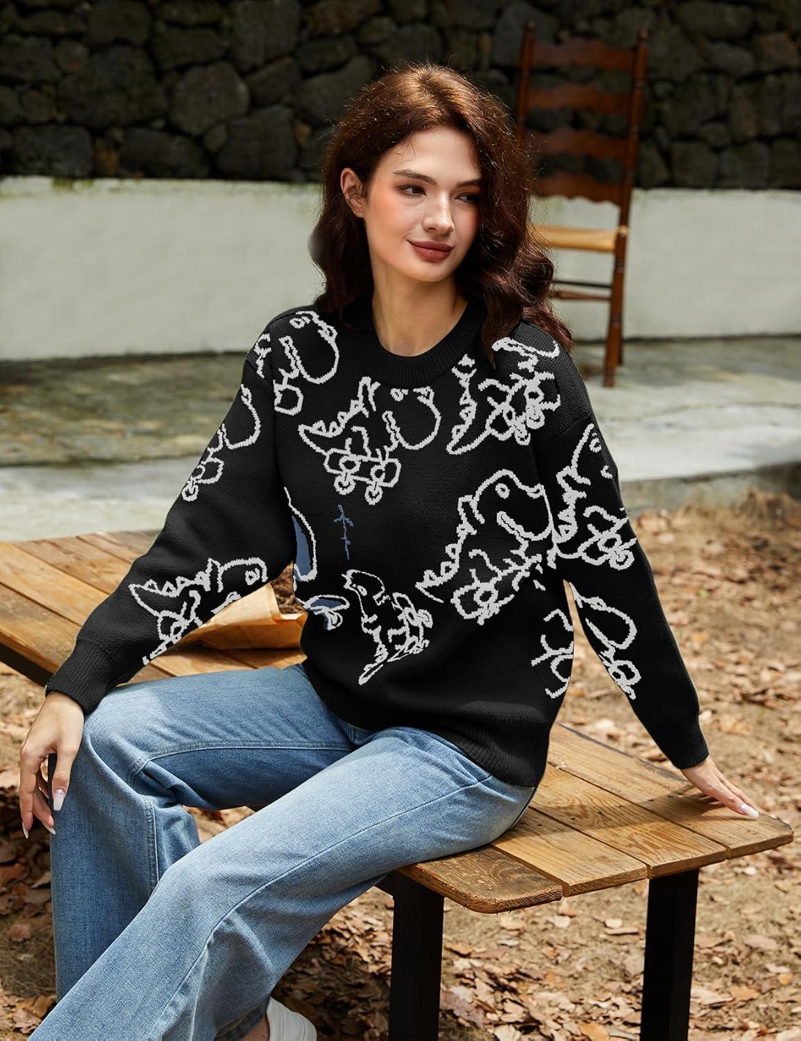 imageArssm Dinosaur Sweater Women y2k Vintage Oversized Graphic Streetwear Knit Sweater Casual Cute Kawaii TopsBlack Dinosaur