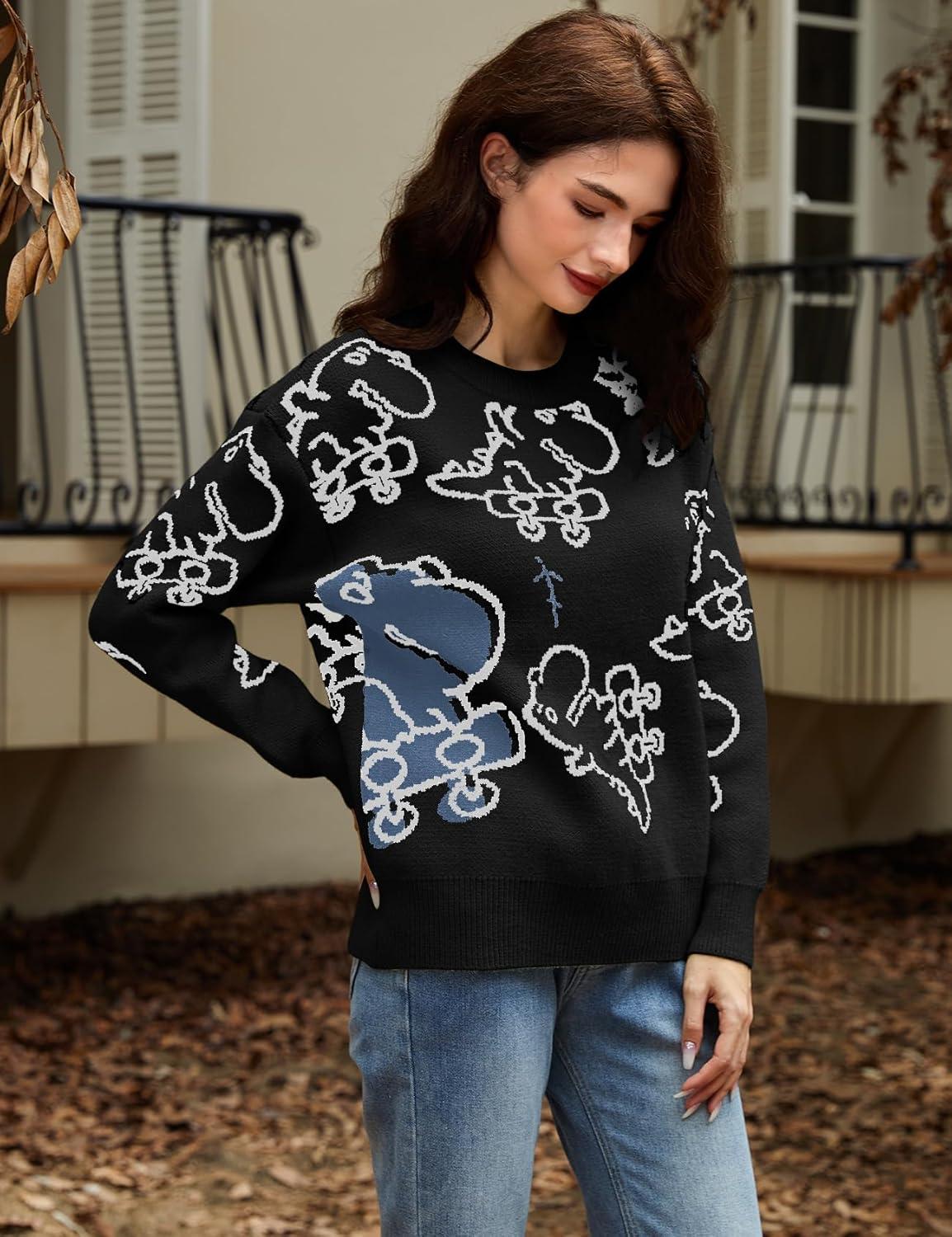 imageArssm Dinosaur Sweater Women y2k Vintage Oversized Graphic Streetwear Knit Sweater Casual Cute Kawaii TopsBlack Dinosaur