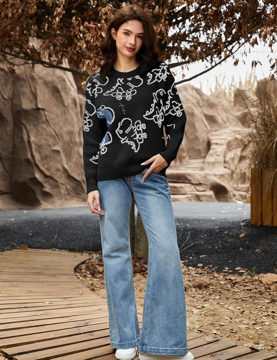 imageArssm Dinosaur Sweater Women y2k Vintage Oversized Graphic Streetwear Knit Sweater Casual Cute Kawaii TopsBlack Dinosaur