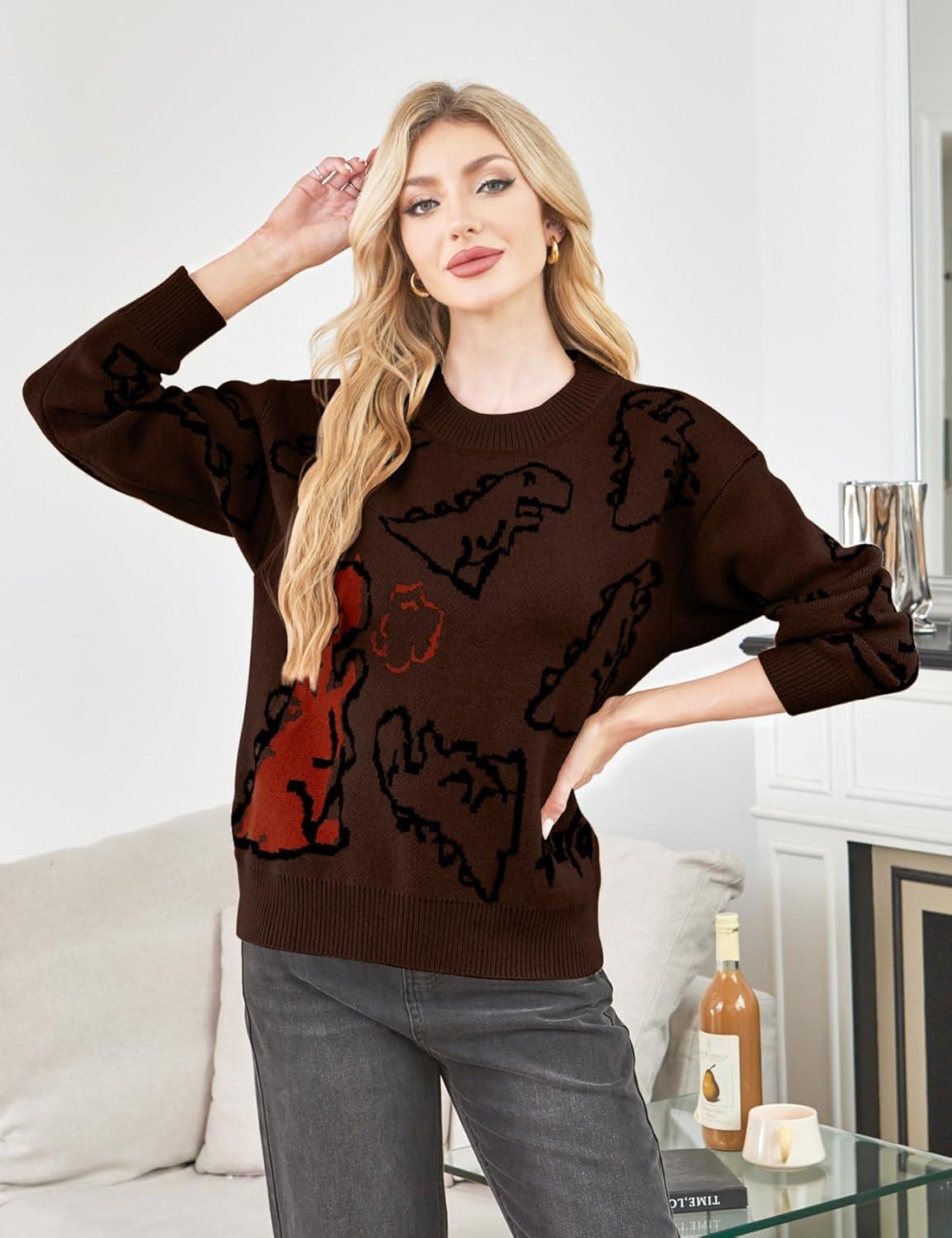 imageArssm Dinosaur Sweater Women y2k Vintage Oversized Graphic Streetwear Knit Sweater Casual Cute Kawaii TopsBrown