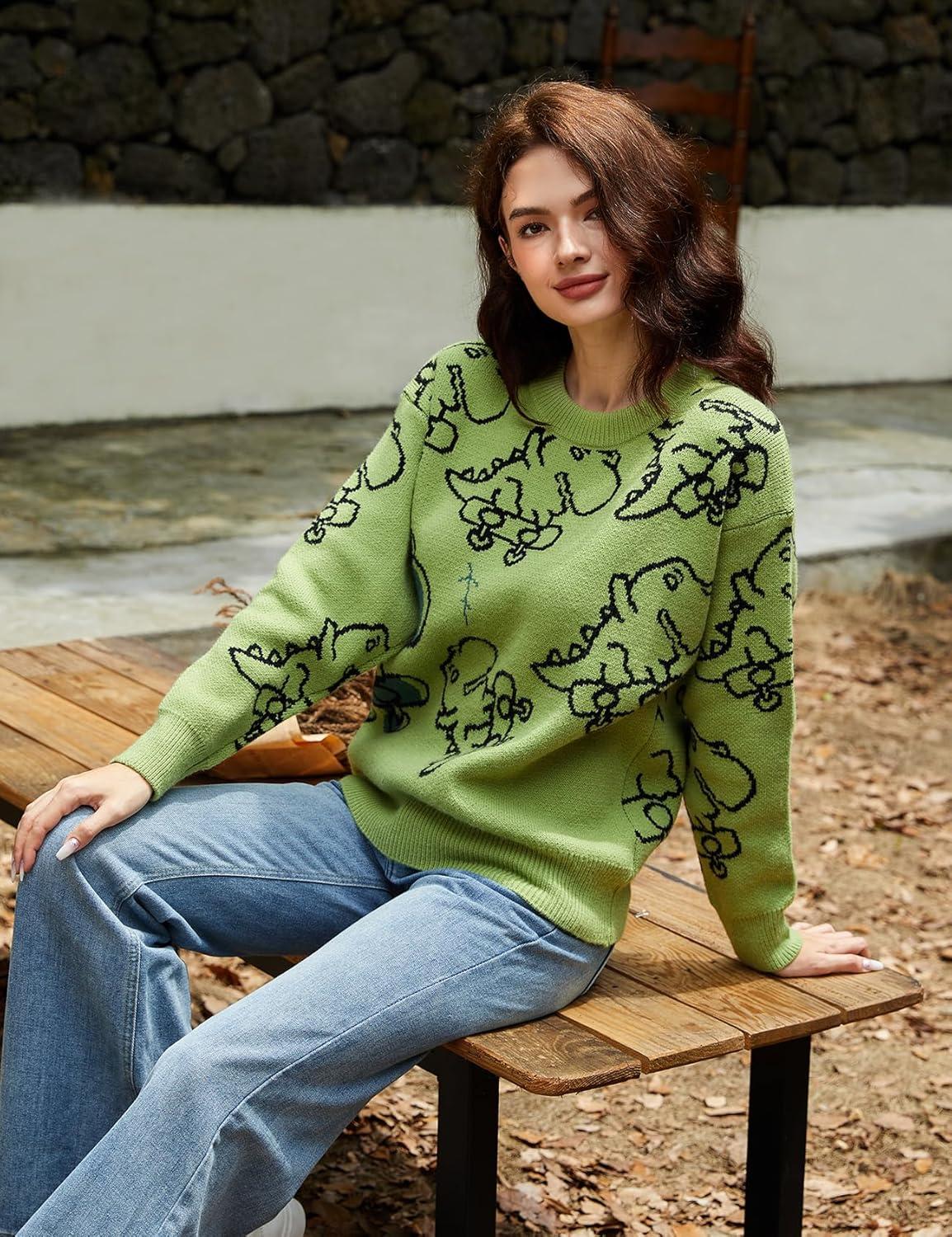 imageArssm Dinosaur Sweater Women y2k Vintage Oversized Graphic Streetwear Knit Sweater Casual Cute Kawaii TopsGreen Dinosaur