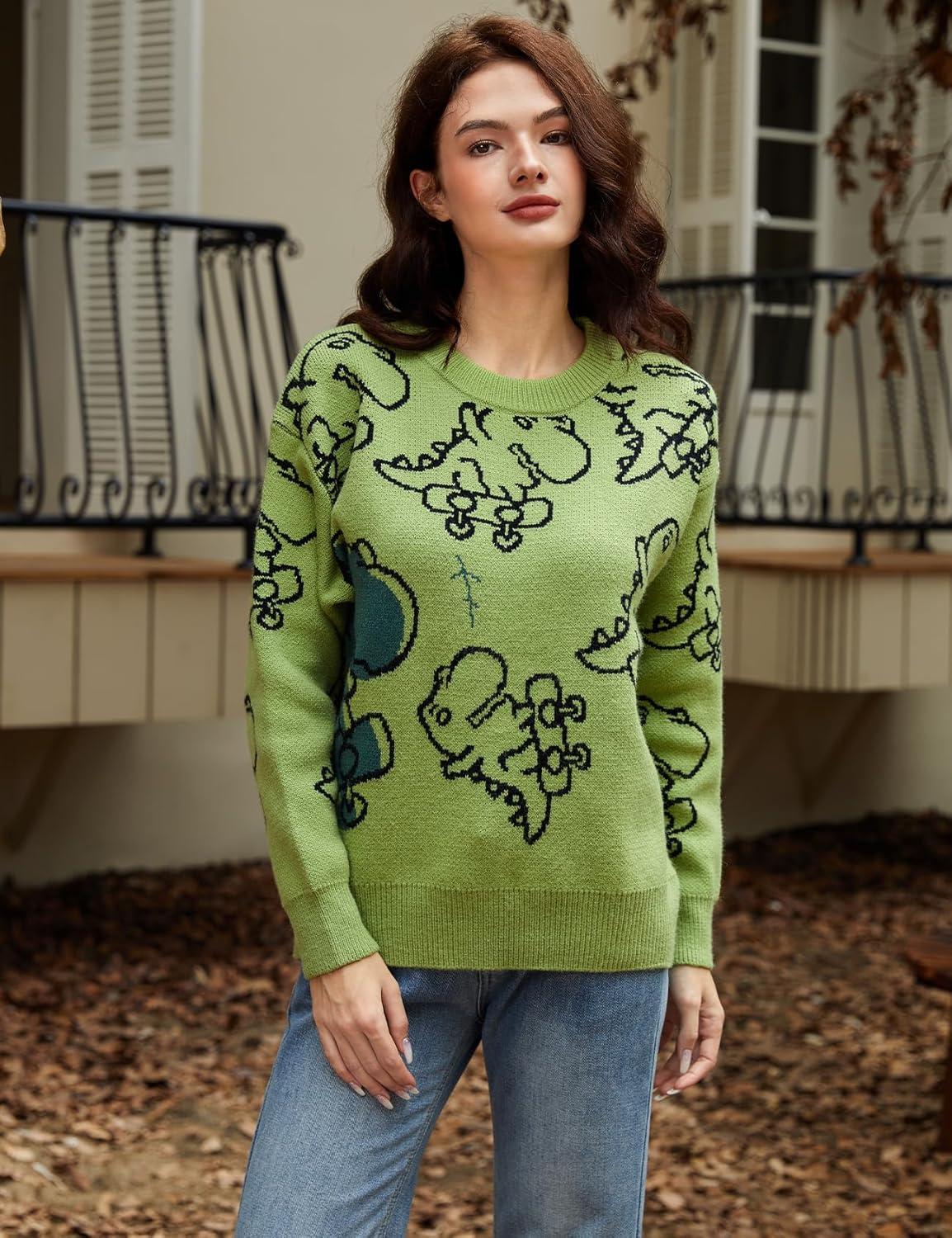 imageArssm Dinosaur Sweater Women y2k Vintage Oversized Graphic Streetwear Knit Sweater Casual Cute Kawaii TopsGreen Dinosaur
