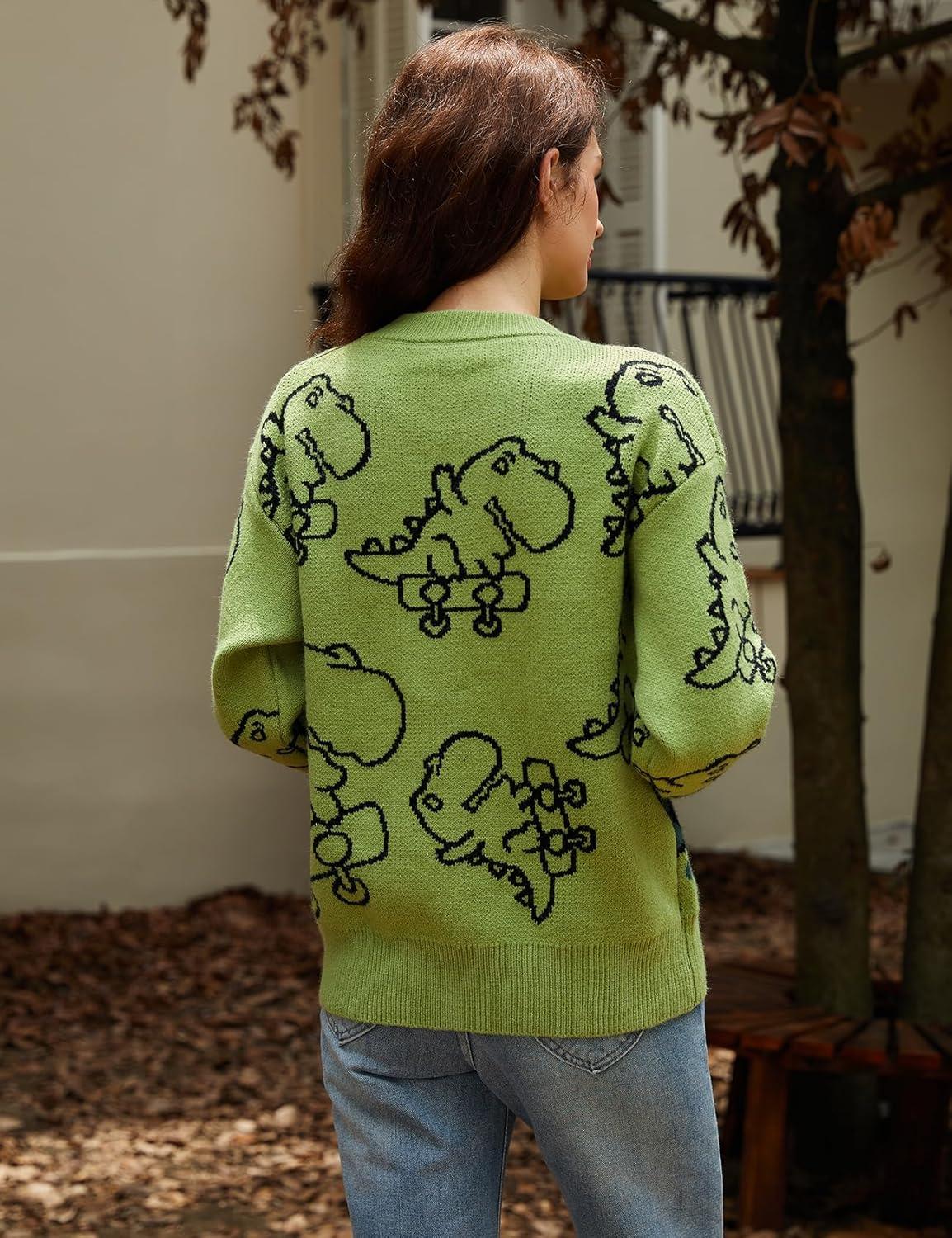 imageArssm Dinosaur Sweater Women y2k Vintage Oversized Graphic Streetwear Knit Sweater Casual Cute Kawaii TopsGreen Dinosaur