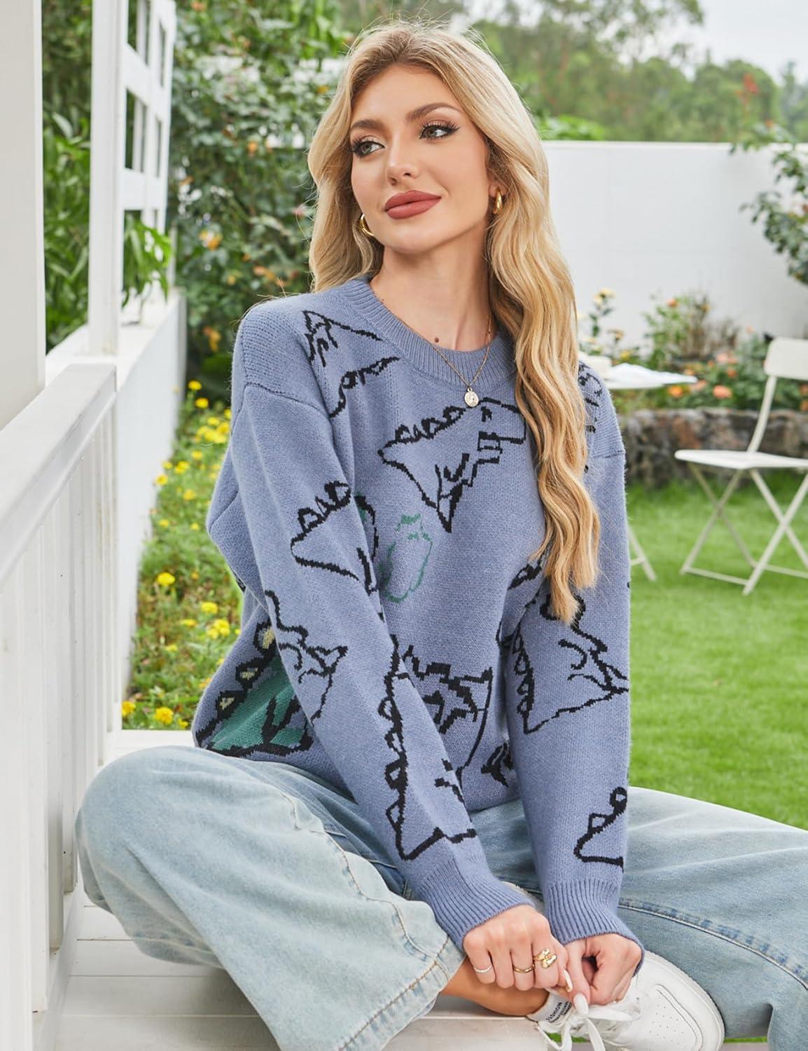 imageArssm Dinosaur Sweater Women y2k Vintage Oversized Graphic Streetwear Knit Sweater Casual Cute Kawaii TopsHaze Blue