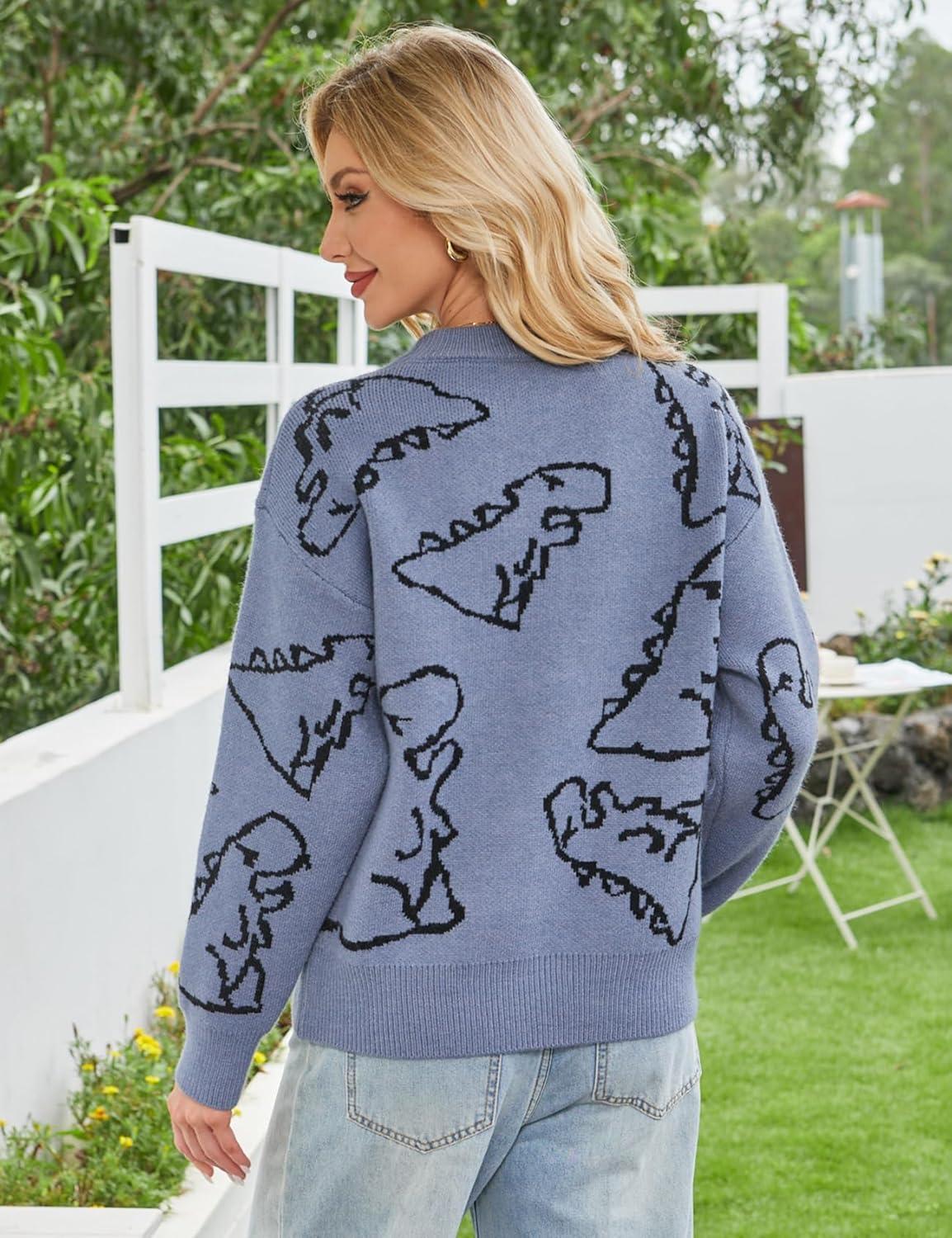 imageArssm Dinosaur Sweater Women y2k Vintage Oversized Graphic Streetwear Knit Sweater Casual Cute Kawaii TopsHaze Blue