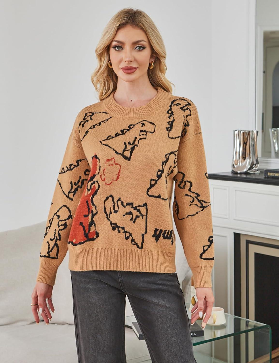 imageArssm Dinosaur Sweater Women y2k Vintage Oversized Graphic Streetwear Knit Sweater Casual Cute Kawaii TopsKhaki