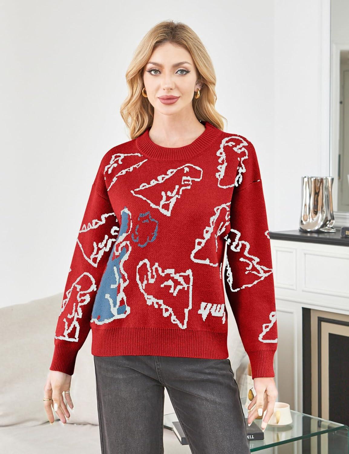 imageArssm Dinosaur Sweater Women y2k Vintage Oversized Graphic Streetwear Knit Sweater Casual Cute Kawaii TopsRed