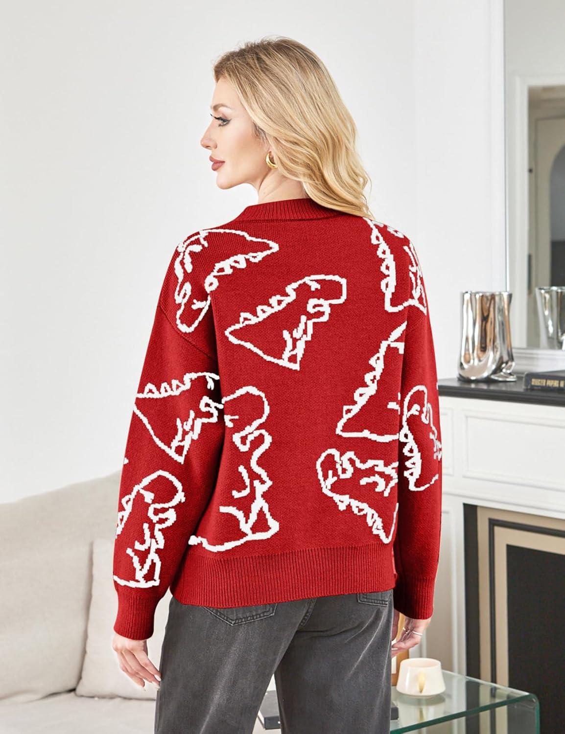 imageArssm Dinosaur Sweater Women y2k Vintage Oversized Graphic Streetwear Knit Sweater Casual Cute Kawaii TopsRed