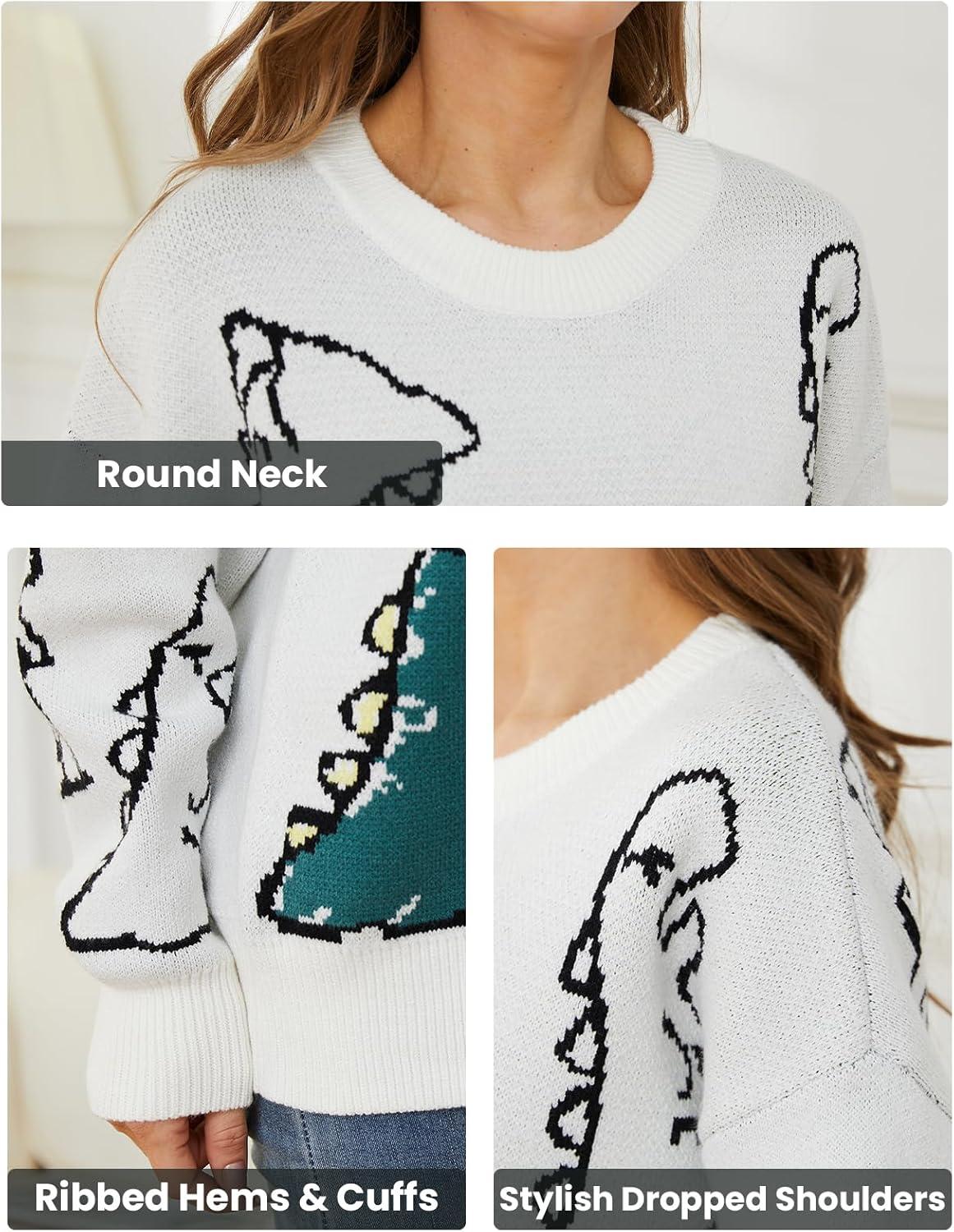 imageArssm Dinosaur Sweater Women y2k Vintage Oversized Graphic Streetwear Knit Sweater Casual Cute Kawaii TopsWhite