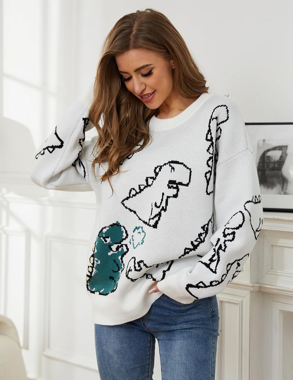 imageArssm Dinosaur Sweater Women y2k Vintage Oversized Graphic Streetwear Knit Sweater Casual Cute Kawaii TopsWhite