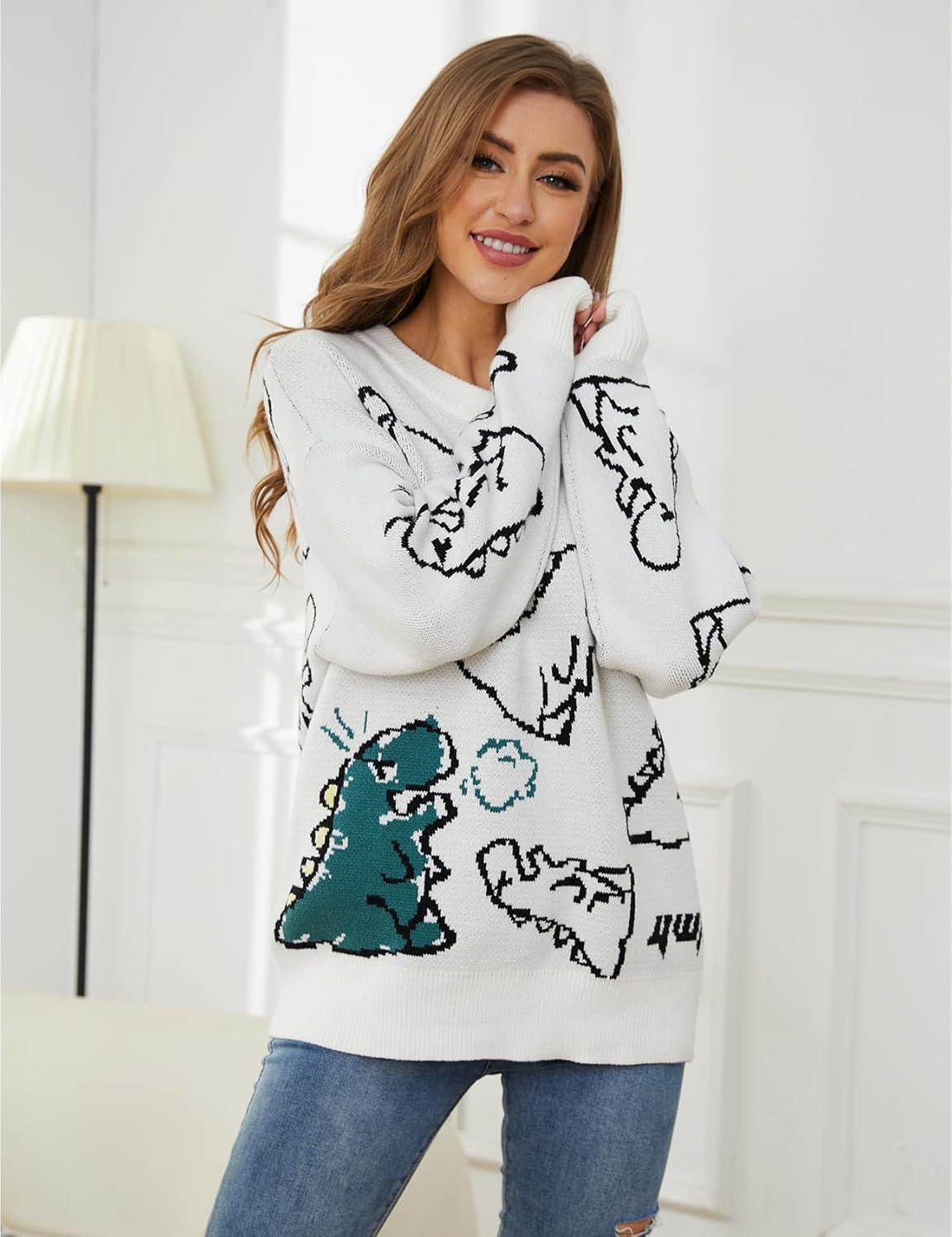 imageArssm Dinosaur Sweater Women y2k Vintage Oversized Graphic Streetwear Knit Sweater Casual Cute Kawaii TopsWhite