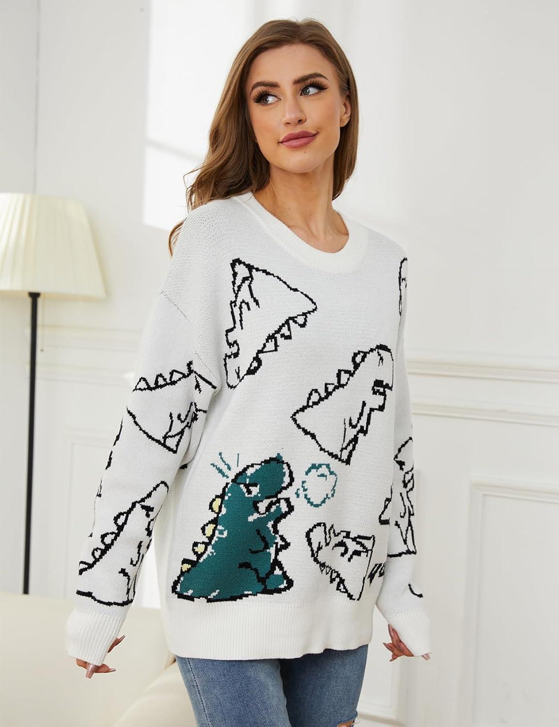 imageArssm Dinosaur Sweater Women y2k Vintage Oversized Graphic Streetwear Knit Sweater Casual Cute Kawaii TopsWhite