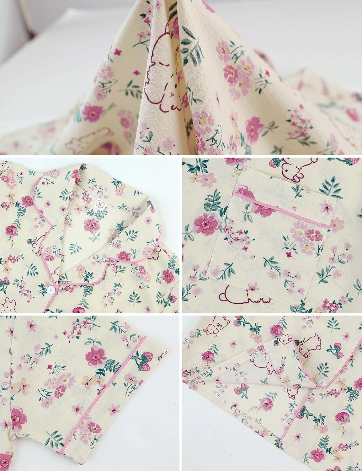 imageArssm Floral Pajama Set Women Cute Kawaii 2 Piece Matching Pj Set Aesthetic Short Sleeve Sleeping LoungewearBunny