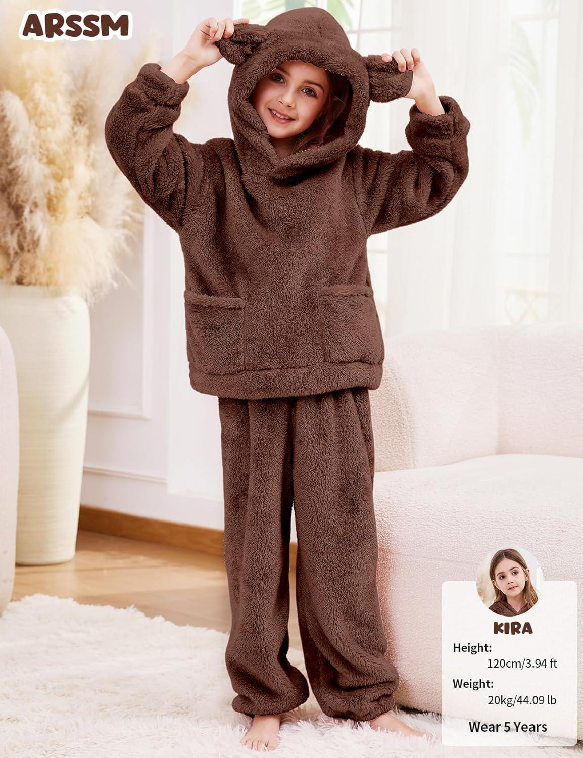 imageArssm Girl Pants Sets Two Pieces Outfit Kids Bear Ear Fuzzy Fluffy Hoodie Sweatshirt with Fleece SweatpantsBrown