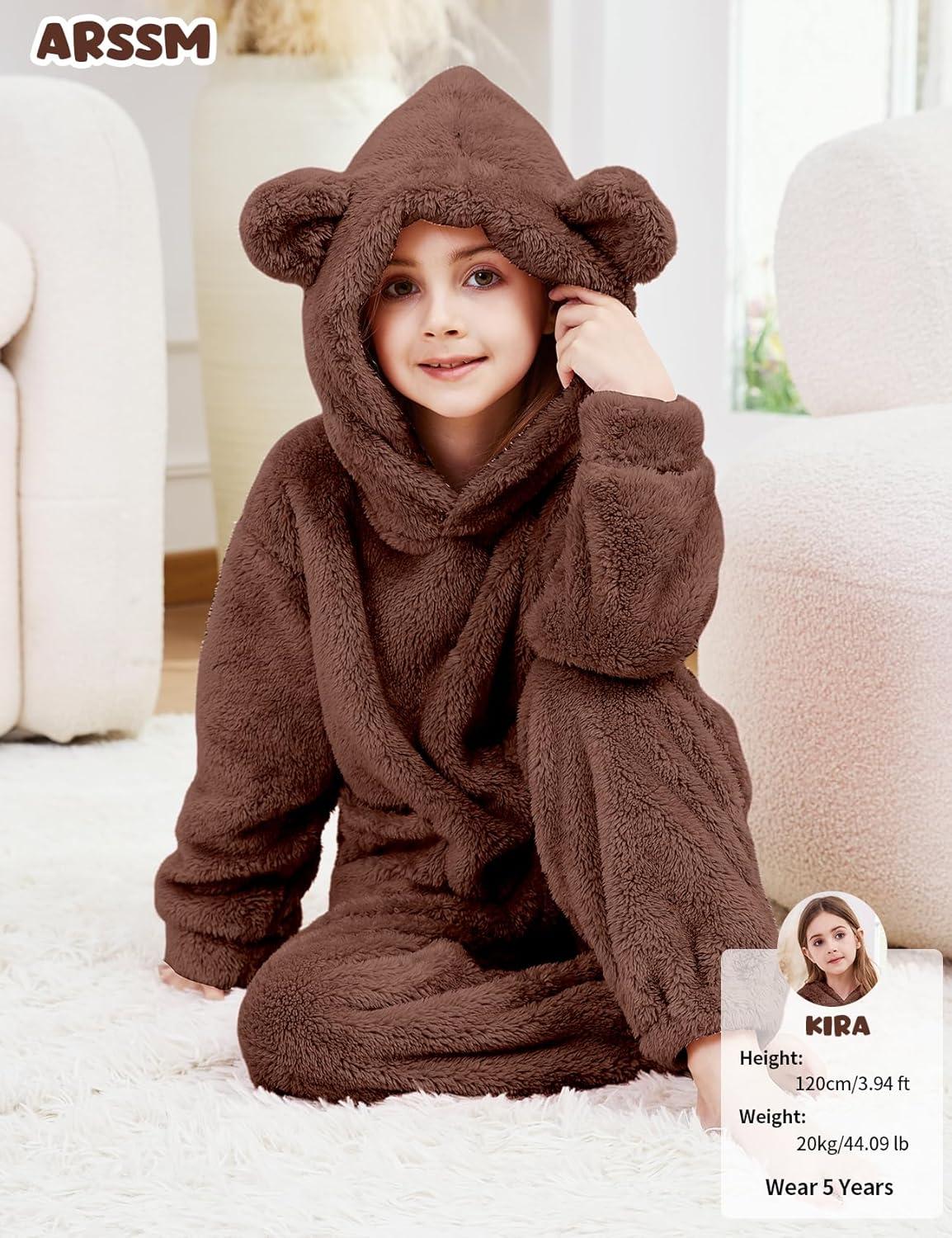 imageArssm Girl Pants Sets Two Pieces Outfit Kids Bear Ear Fuzzy Fluffy Hoodie Sweatshirt with Fleece SweatpantsBrown