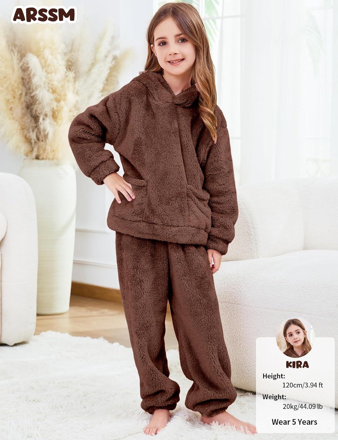 imageArssm Girl Pants Sets Two Pieces Outfit Kids Bear Ear Fuzzy Fluffy Hoodie Sweatshirt with Fleece SweatpantsBrown