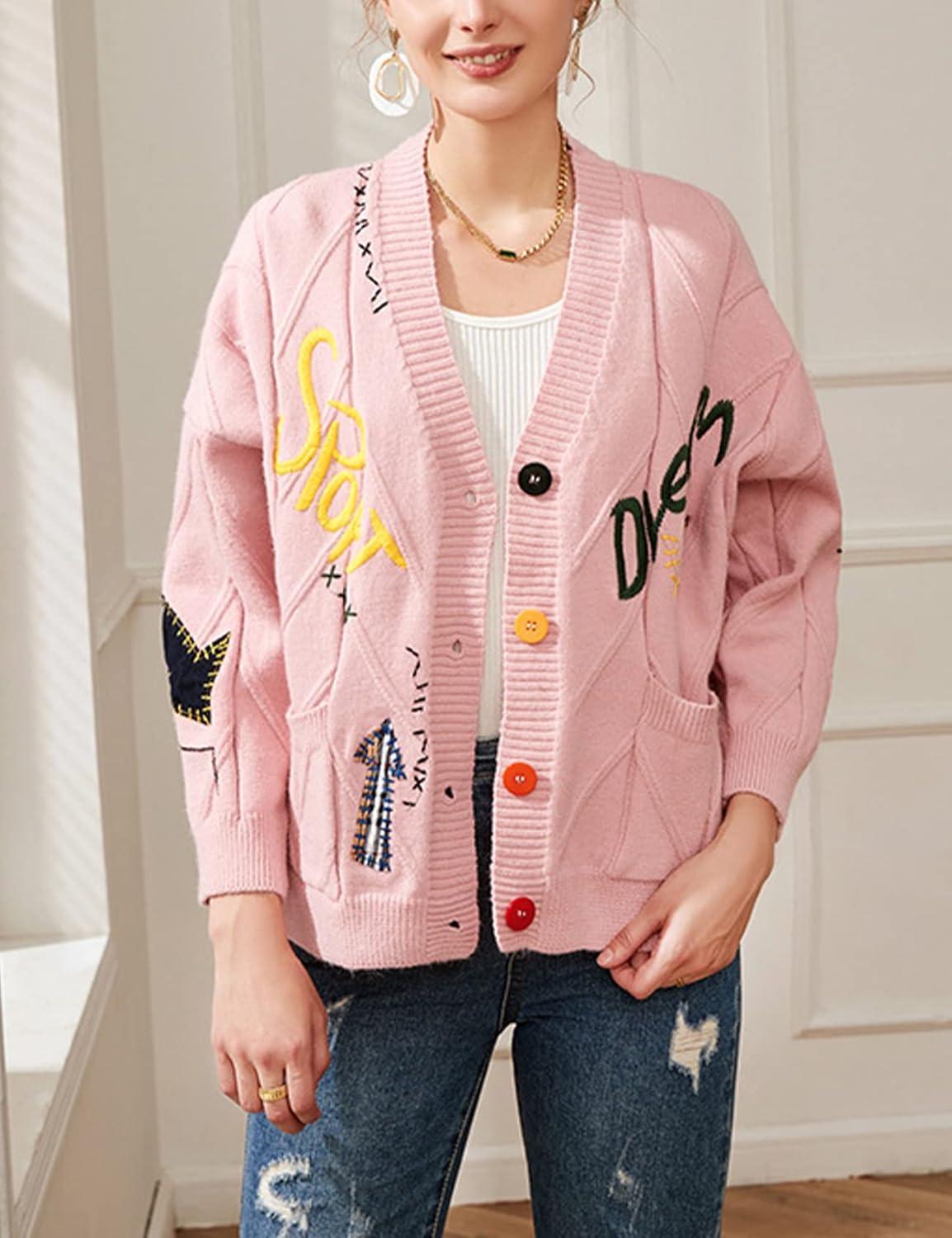 imageArssm Graphic Sweaters for Women Oversized Kawaii Embroidered Graphic V Neck Cable Knit Cardigan PinkS
