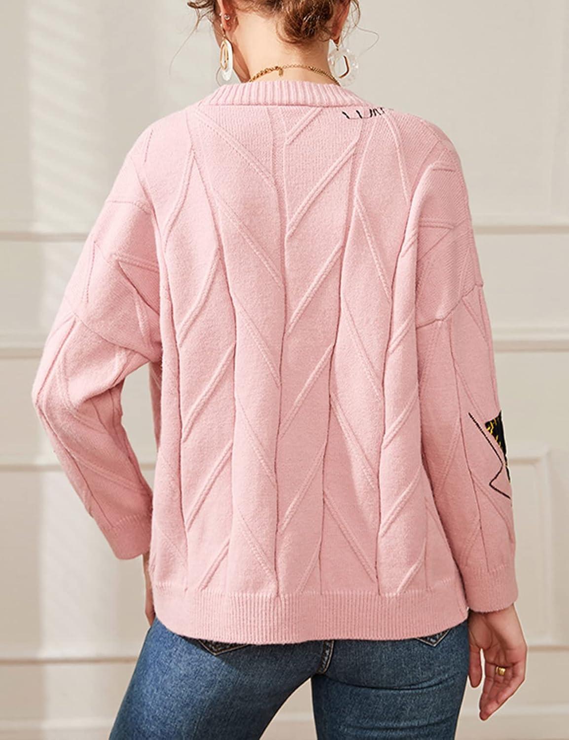 imageArssm Graphic Sweaters for Women Oversized Kawaii Embroidered Graphic V Neck Cable Knit Cardigan PinkS