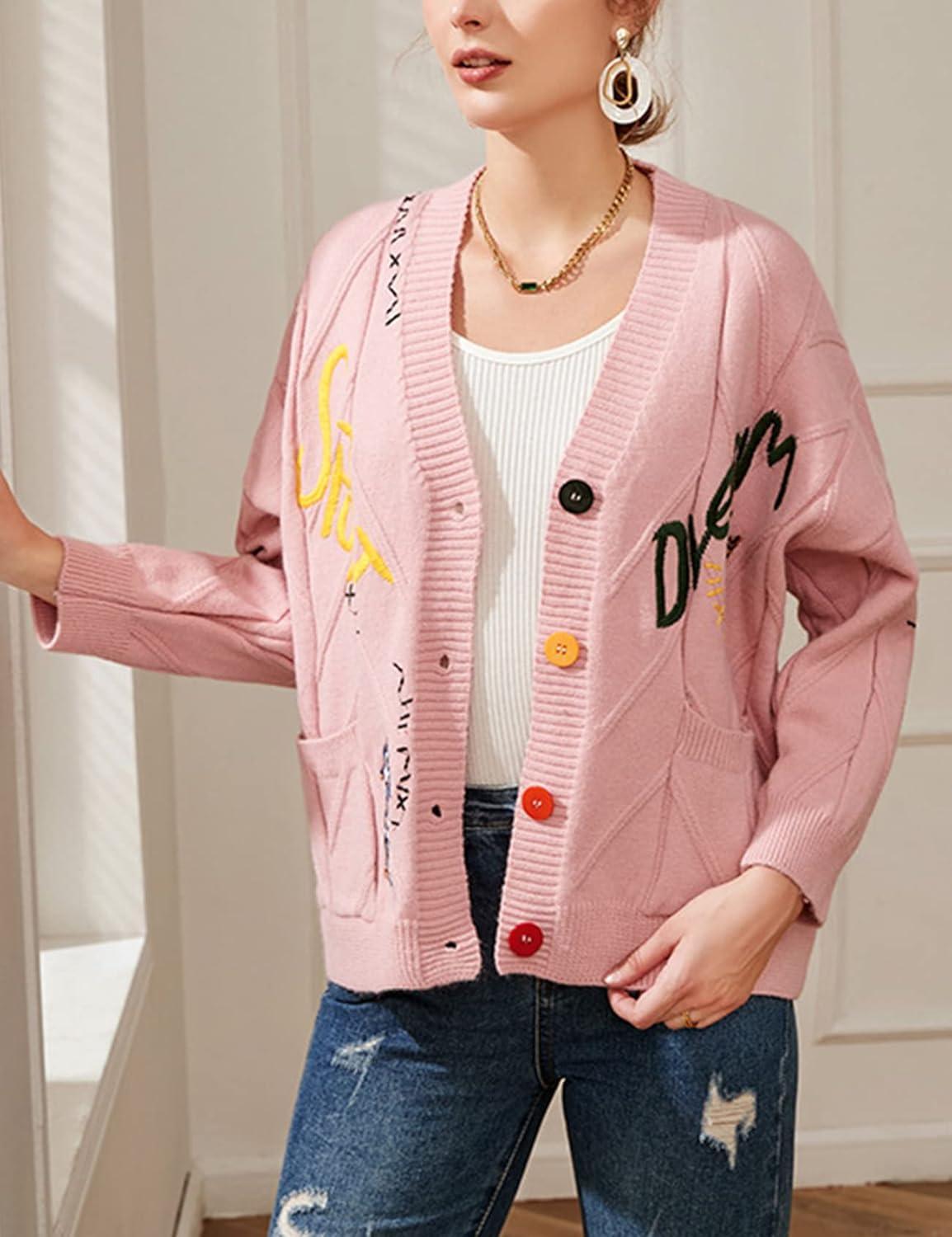 imageArssm Graphic Sweaters for Women Oversized Kawaii Embroidered Graphic V Neck Cable Knit Cardigan PinkS