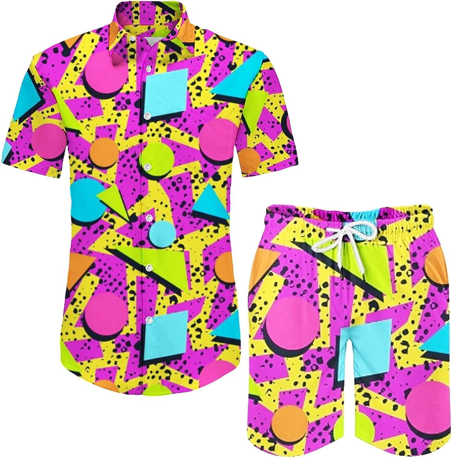 imageArssm Mens 2 Pieces Vintage Shirts and Shorts Set 80s 90s Outfit Button Down Beach Suit Quick Dry for Vintage Halloween PartyPurple