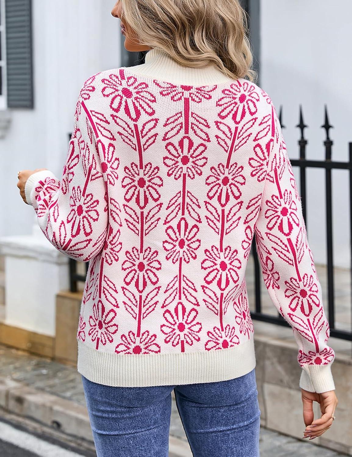 imageArssm Pullover Sweaters Women Mock Neck Long Sleeve Flower Knit Sweaters Tops Fall OutfitsRose Red