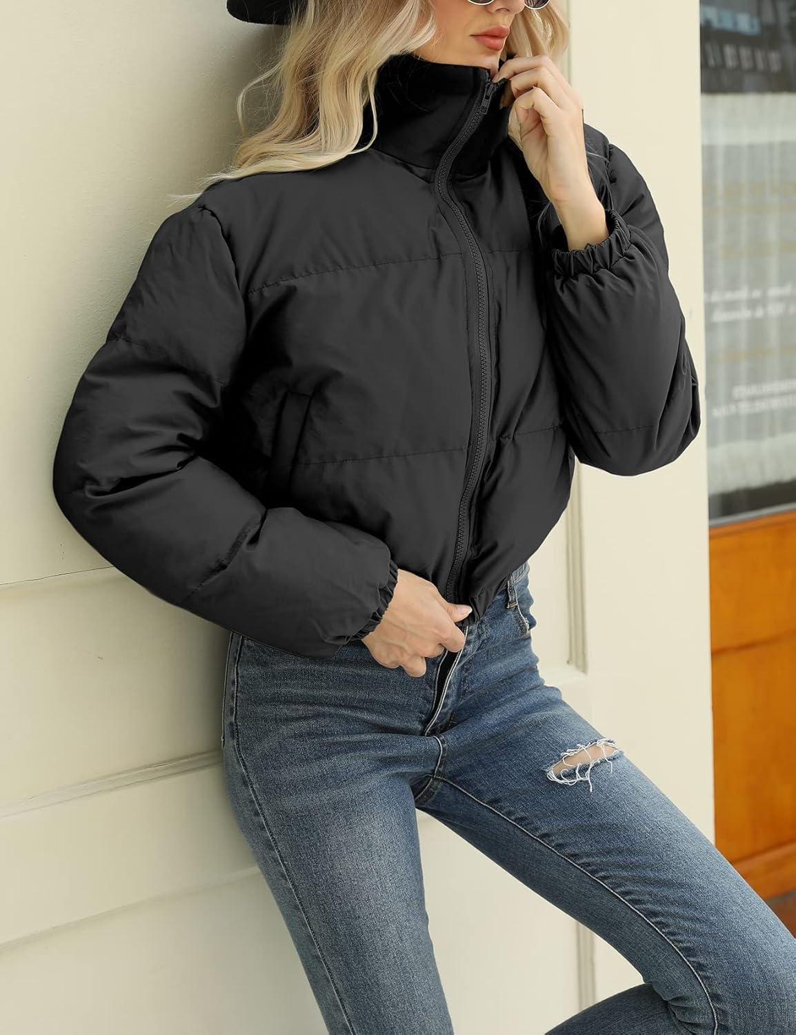 imageArssm Women Cropped Puffer Jackets Casual Winter Warm Padding Quilted Crop Short CoatBlack