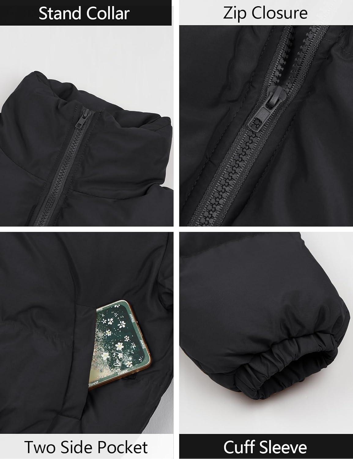 imageArssm Women Cropped Puffer Jackets Casual Winter Warm Padding Quilted Crop Short CoatBlack