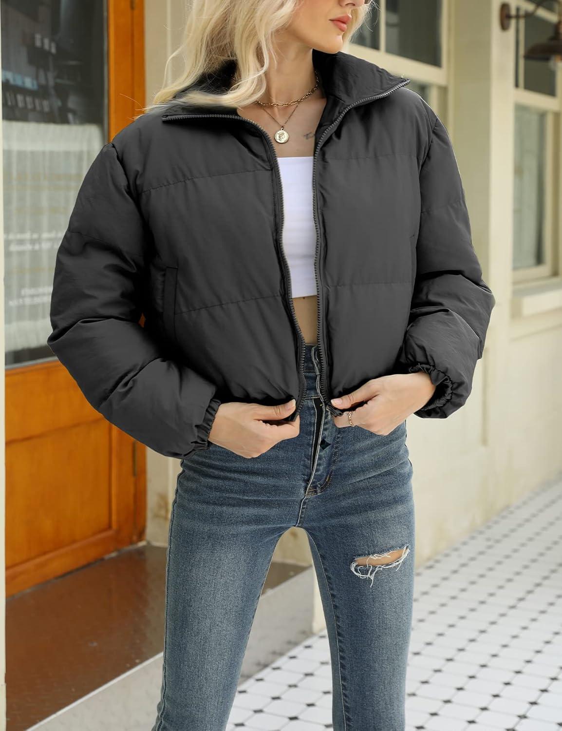 imageArssm Women Cropped Puffer Jackets Casual Winter Warm Padding Quilted Crop Short CoatBlack