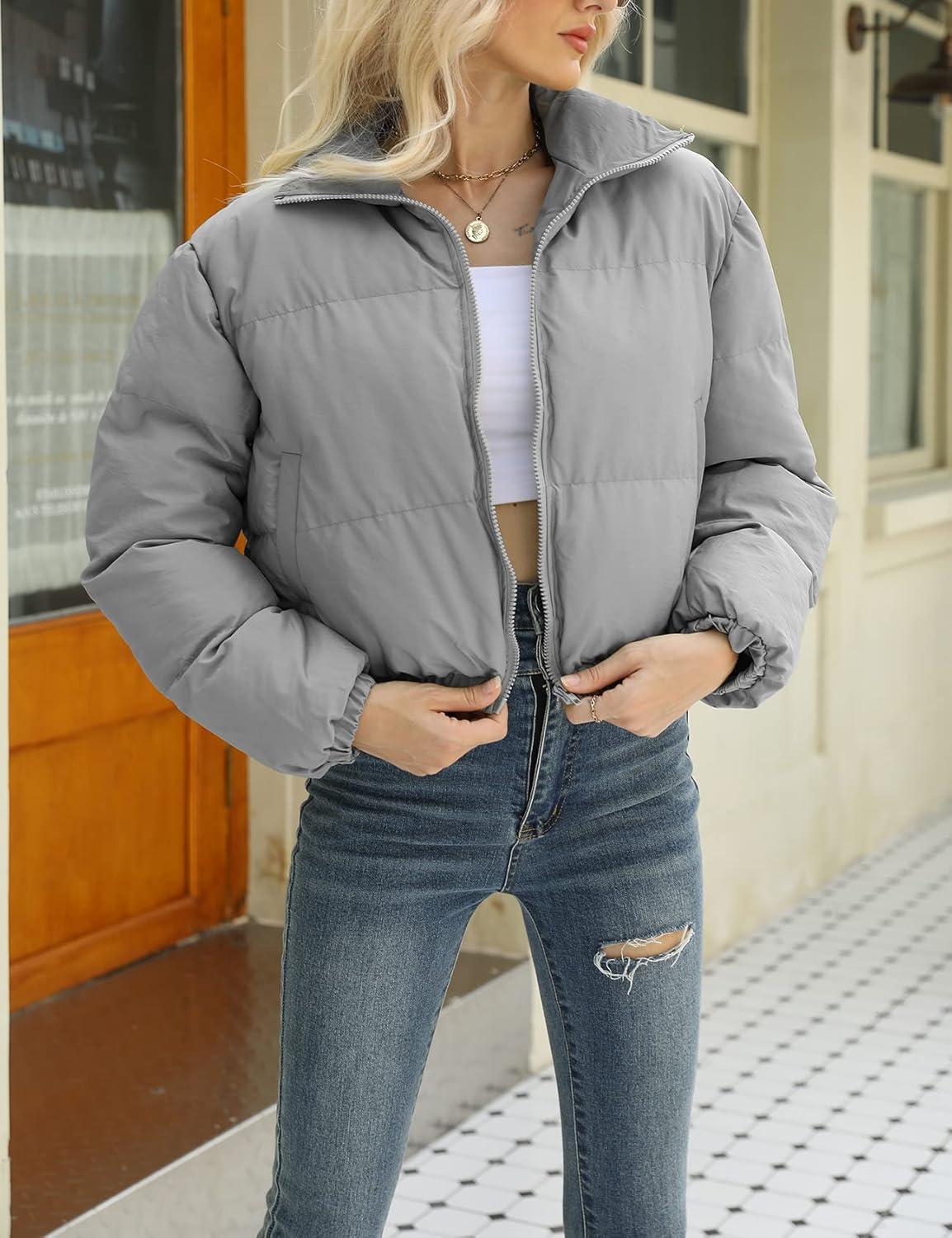imageArssm Women Cropped Puffer Jackets Casual Winter Warm Padding Quilted Crop Short CoatGrey