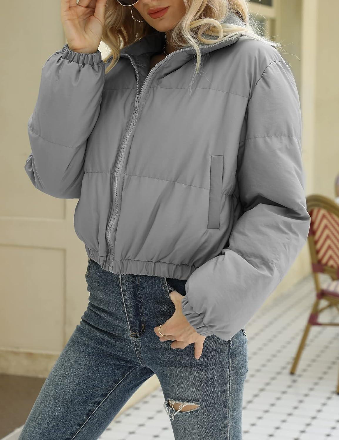 imageArssm Women Cropped Puffer Jackets Casual Winter Warm Padding Quilted Crop Short CoatGrey