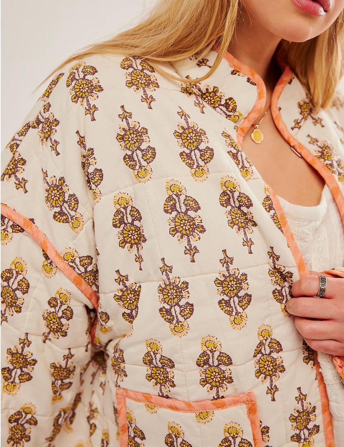 imageArssm Women Floral Quilted Puffer Jacket Cropped Lightweight Patchwork Vintage Padded Short Coat OuterwearApricot