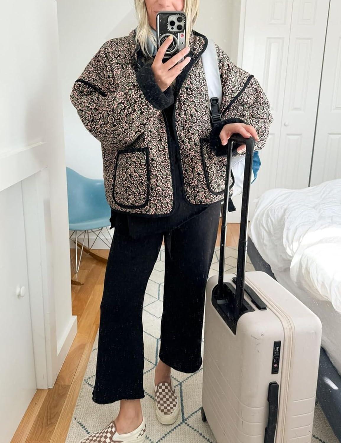 imageArssm Women Floral Quilted Puffer Jacket Cropped Lightweight Patchwork Vintage Padded Short Coat OuterwearGreenfloral