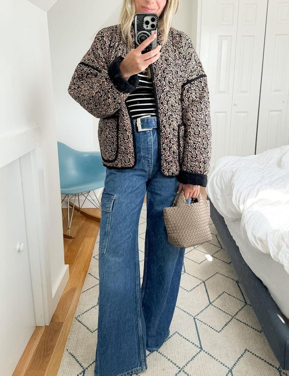 imageArssm Women Floral Quilted Puffer Jacket Cropped Lightweight Patchwork Vintage Padded Short Coat OuterwearGreenfloral